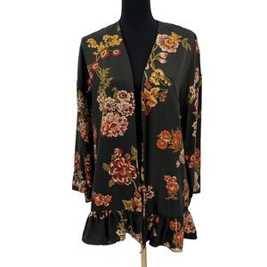 Zara Basic Floral Print Ruffle Hemline Tencel Long Sleeve Kimono M-L‎